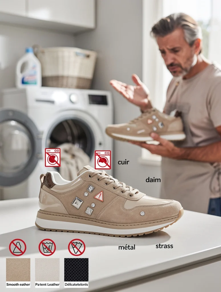 Un homme essaie de laver ses baskets au lave-linge